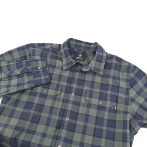 Flylow‎ Shirt Men Large L Blue Green Plaid Handlebar Tech Flannel Snap Button Up